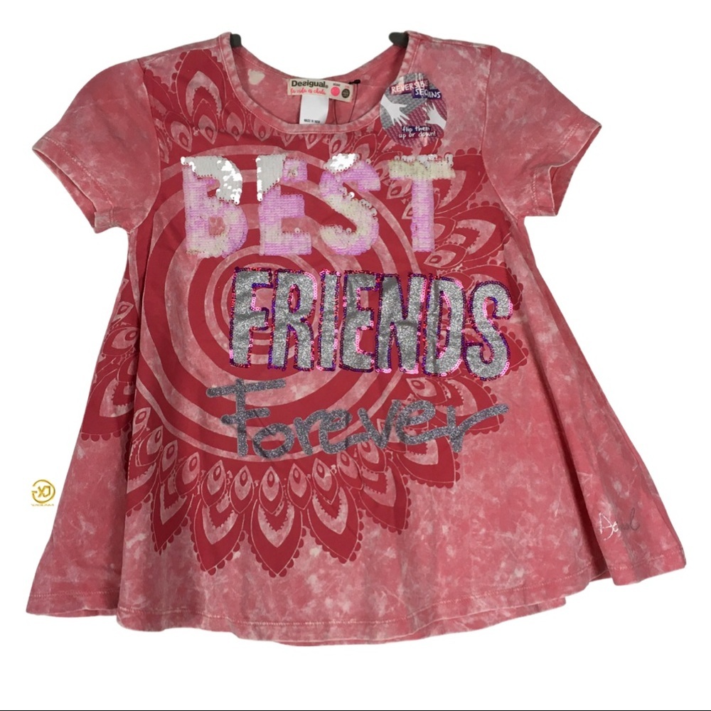 New Desigual Girls T-Shirt TS_Montreal Letter Sequins Print Pink